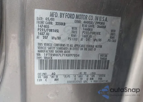 2001 Ford F-150 Harley-Davidson Edition/King Ranch Edition/Lariat/Xlt из США, поврежденный, VIN 1FTRW07L71KB97034